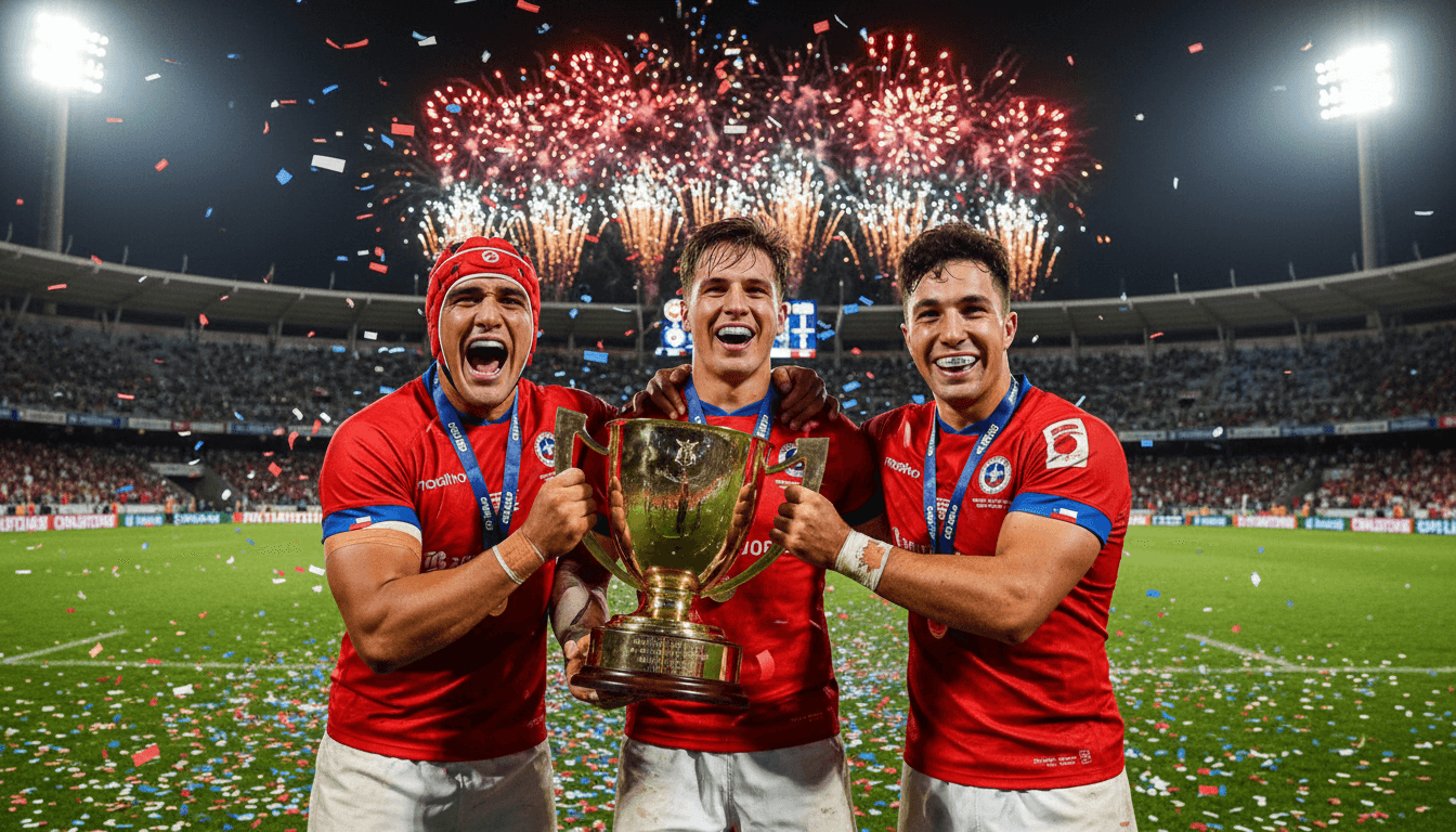 Jugadores de rugby celebrando con trofeo