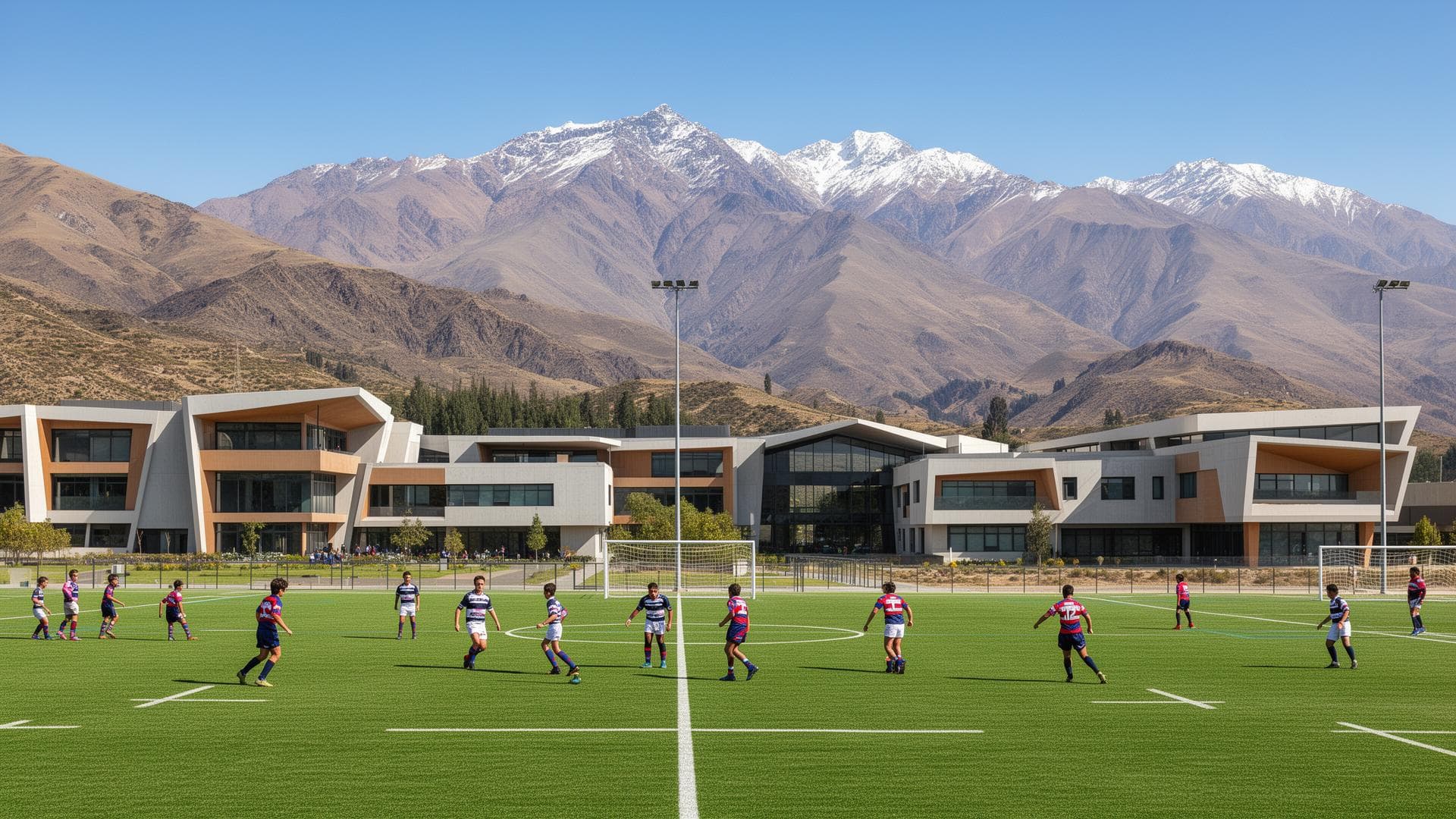 Rugby escolar con la Cordillera de los Andes