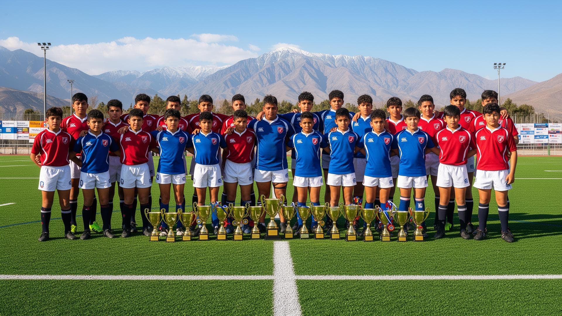 Equipos escolares de rugby con trofeos